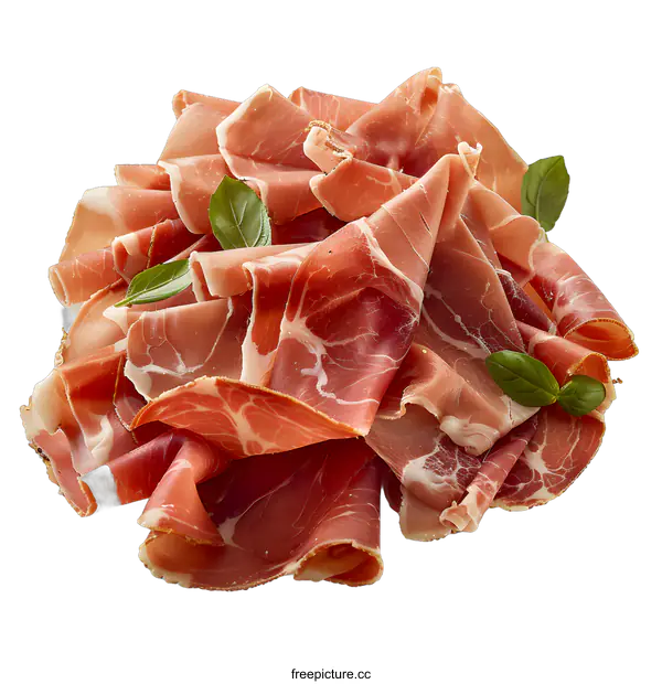 [Transparent Background PNG]Sliced Prosciutto with Basil on White