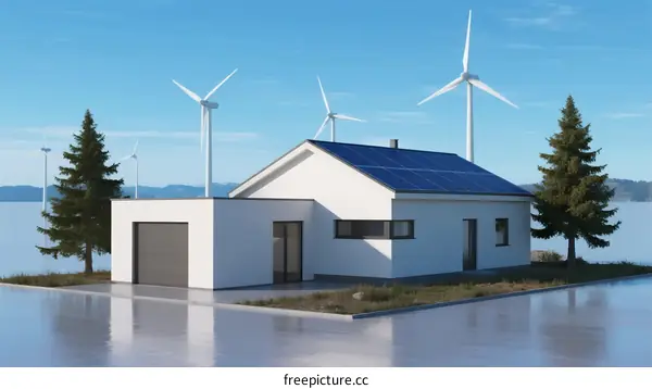 Modern Eco-Friendly House with Solar Panels and Wind Turbines