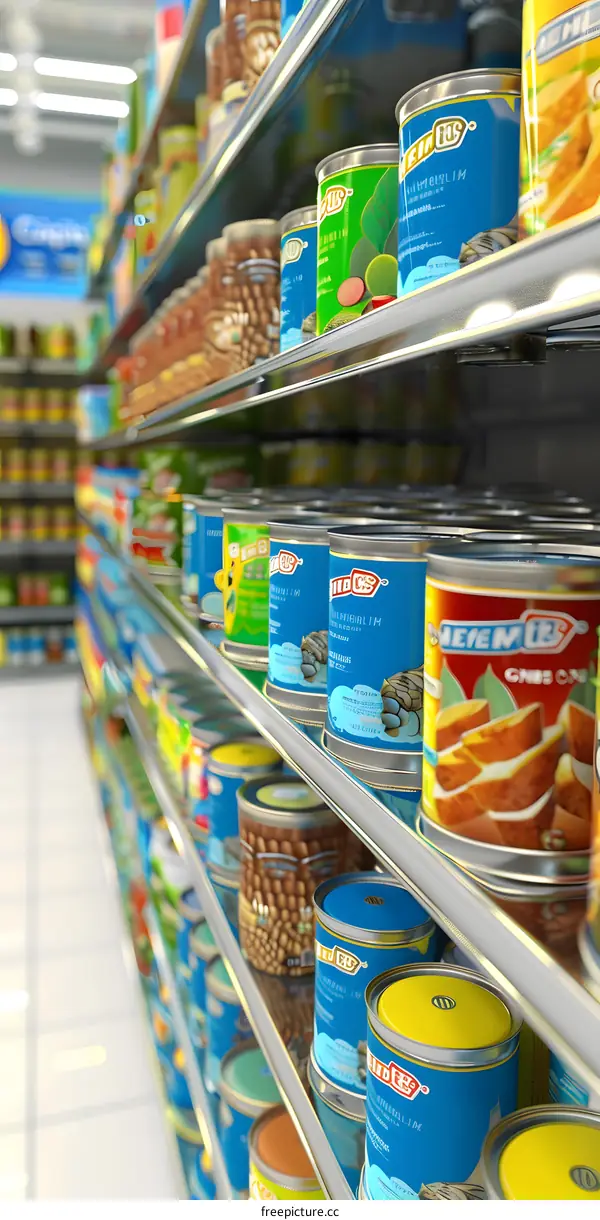 Canned Food Products on Supermarket Shelf