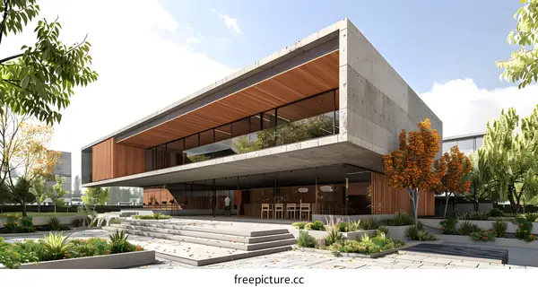 Modern Architecture Building Exterior With Concrete And Wood Design