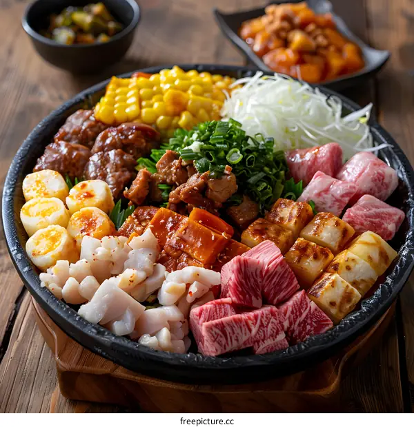 A variety of meats and vegetables are served on a hot plate.