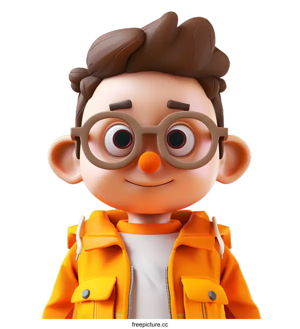 [Transparent Background PNG]Cute Cartoon Boy with Glasses and Orange Jacket