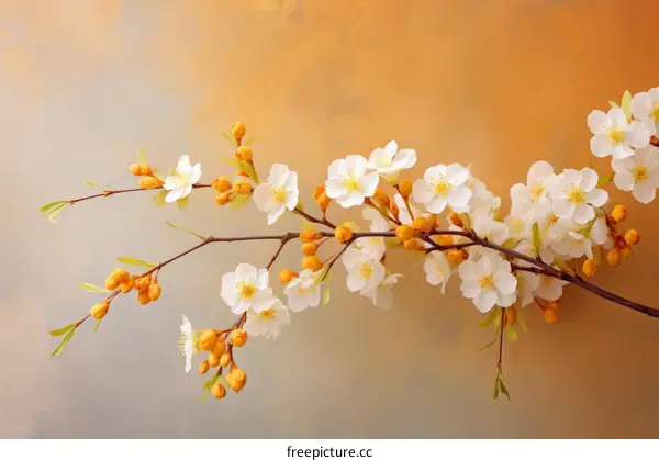 Delicate White and Yellow Blossoms on a Branch