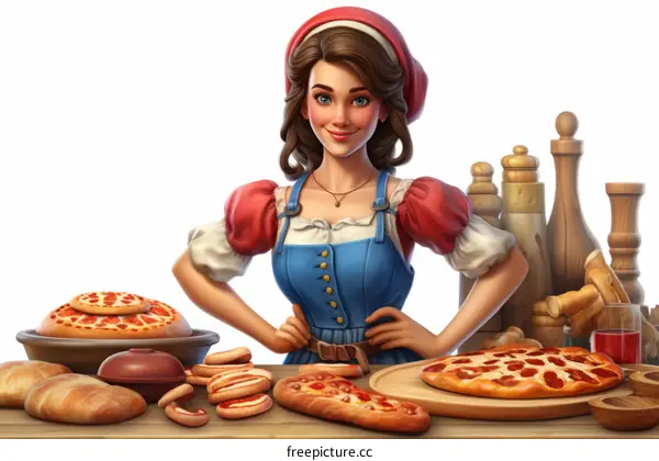 Young Woman in Red and Blue Dress Standing at Food-Filled Table