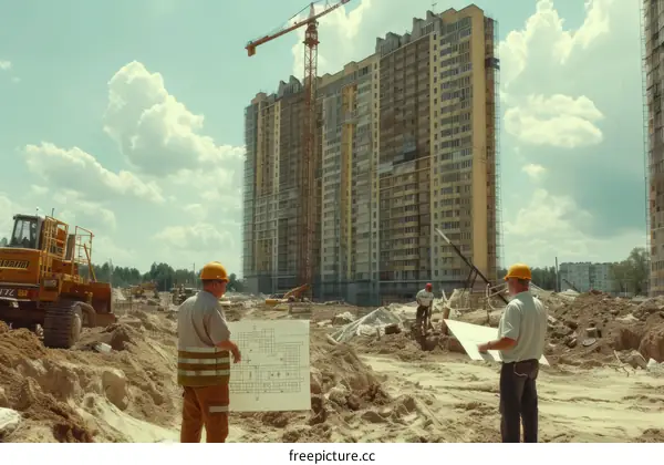 Construction workers in hard hats at a building site