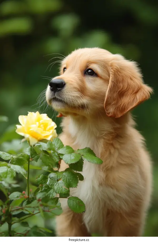 Adorable Golden Retriever Puppy near a Yellow Rose