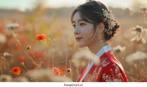 Portrait of a young woman in traditional Korean dress, or Hanbok, standing in a field of red flowers.