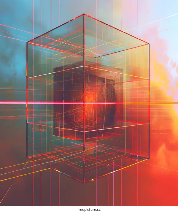 Abstract 3D Cube with Neon Lights and Lines