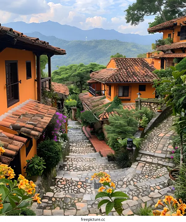 Orange buildings with clay tile roofs in a tropical setting