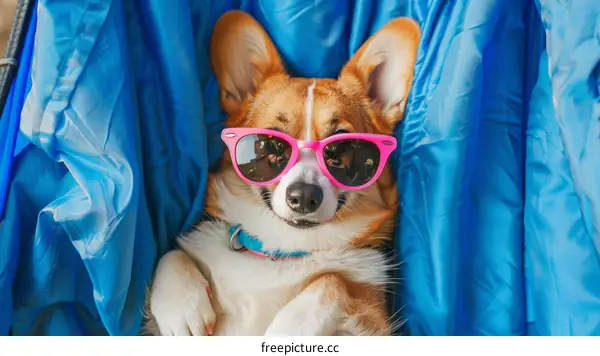 A cute dog wearing sunglasses is lying in a blue hammock