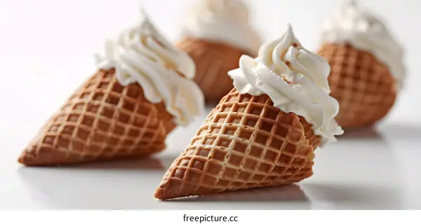 Four ice cream cones with whipped cream