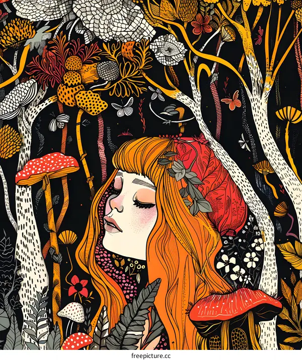 Fantasy Forest Illustration With Woman And Mushrooms