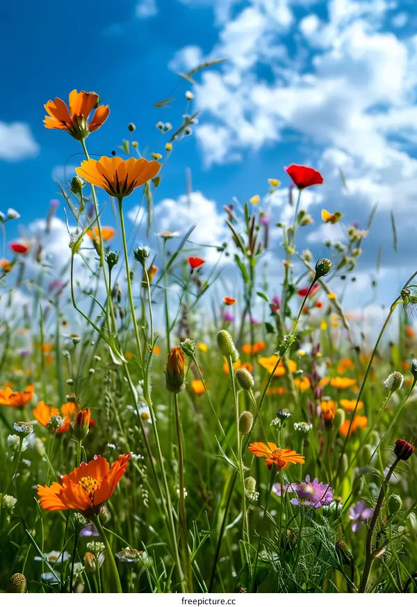 Colorful Wildflowers Blooming in a Field Under a Blue Sky