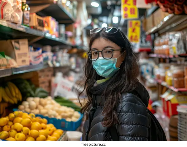 Asian woman wearing a mask shopping for groceries in a market