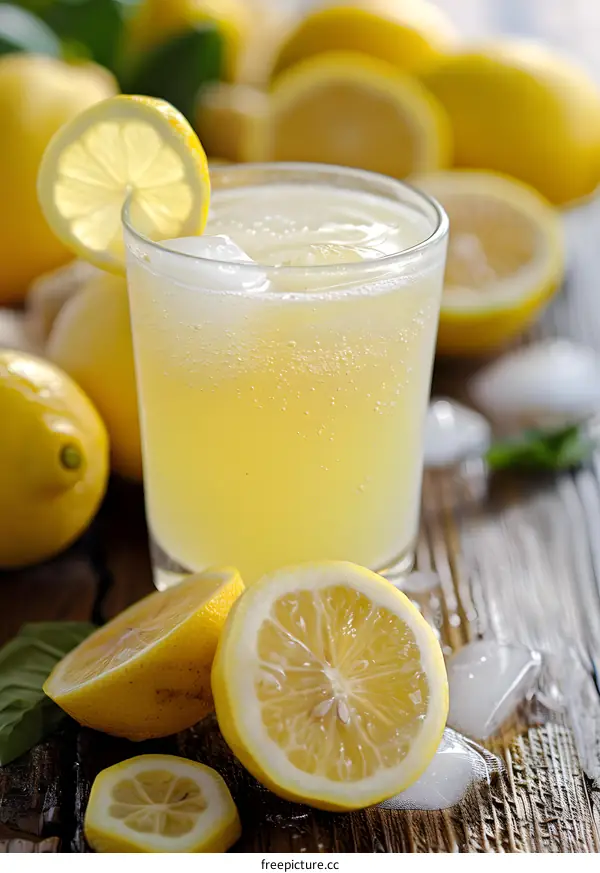 Glass of Lemonade with Lemon Slices and Ice on Wooden Table