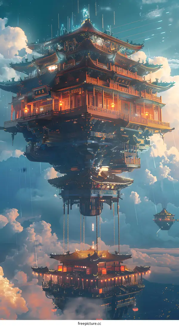 futuristic illustration of a chinese style building floating in the sky