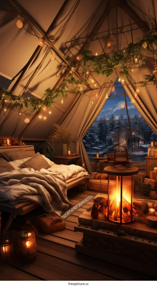 Cozy Winter Cabin Interior with Fireplace and Bed