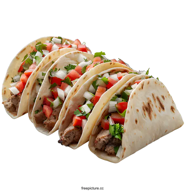 [Transparent Background PNG]A row of tacos with meat, tomatoes, onions and cilantro.