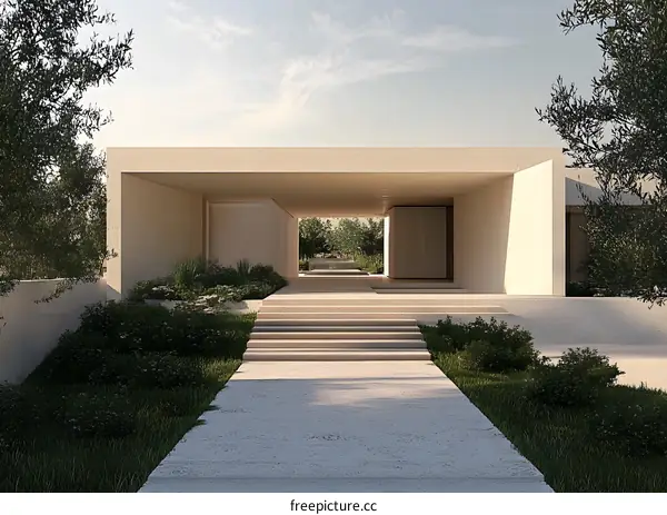 Modern Minimalist House Exterior Design With Concrete Walkway