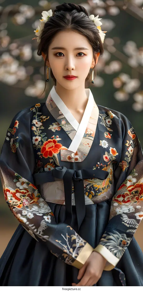 Portrait of a young woman in traditional Korean hanbok dress