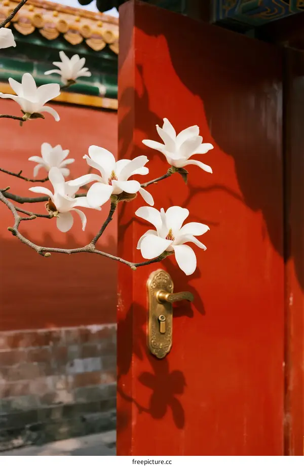White Magnolia Blossoms Against Traditional Chinese Red Door