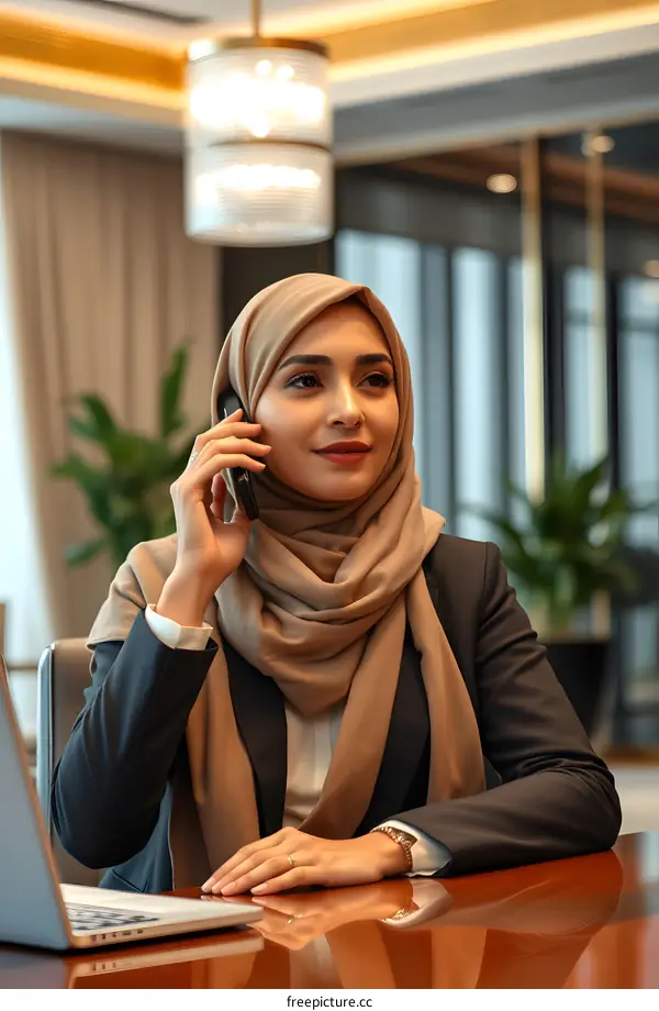 Muslim Businesswoman Talking on Phone in Office