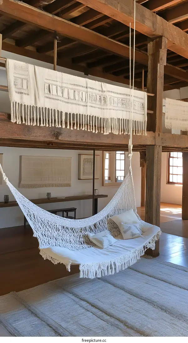 White Hammock Hanging in a Wooden Room