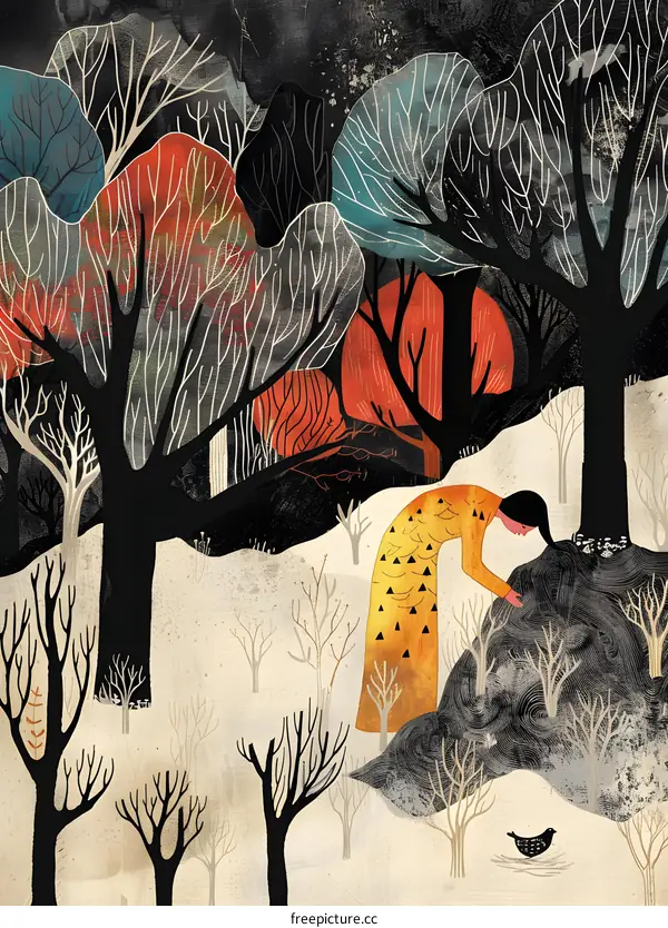 Woman in a Yellow Dress Reaches for a Branch in a Forest