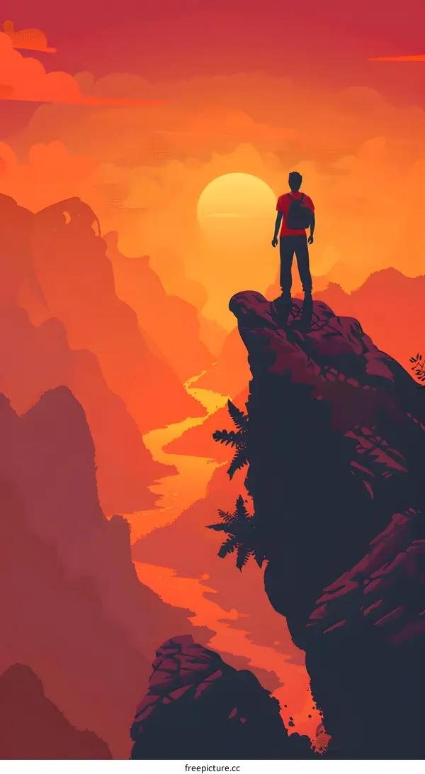 Man Standing on Mountain Peak at Sunset Overlooking Valley