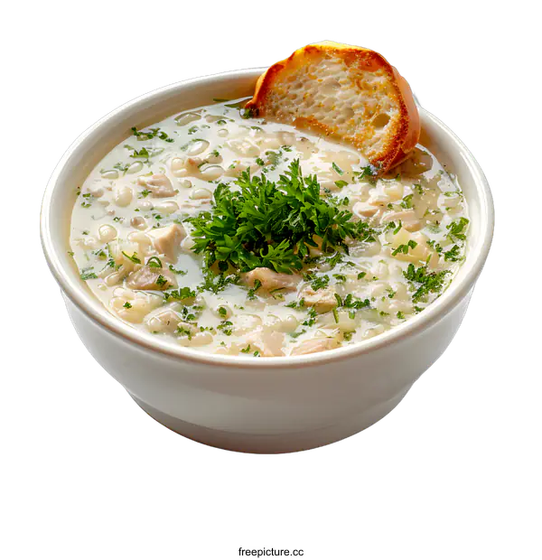 [Transparent Background PNG]A bowl of creamy chicken and rice soup with bread