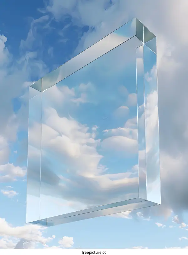Glass cube reflecting cloudy sky
