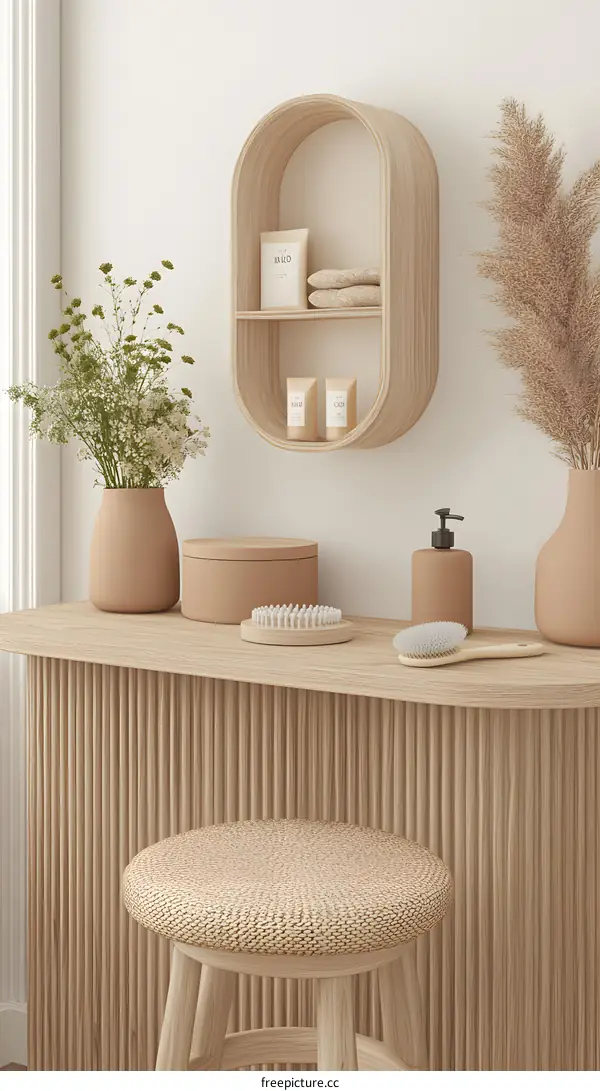 Minimalist Bathroom Interior Design With Wooden Vanity And Stool