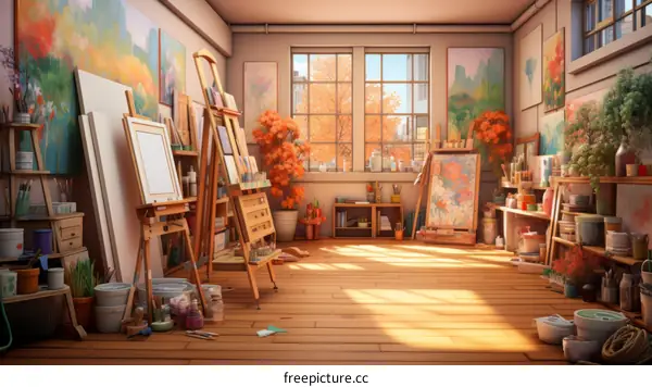 Art Studio with Easels, Paintings and Supplies
