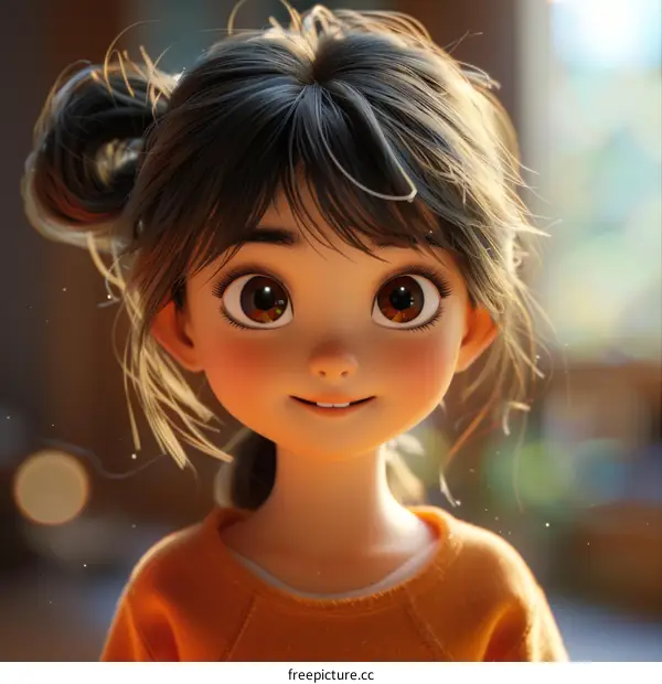Illustration of a Sweet and Innocent Young Girl with Brown Hair and Eyes