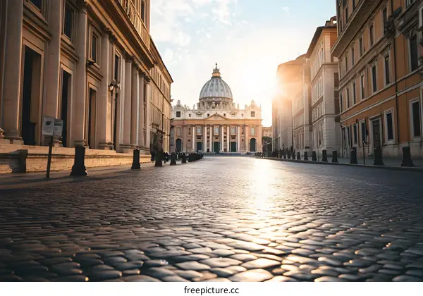 Sunrise View of the Saint Peters Basilica in Rome Italy