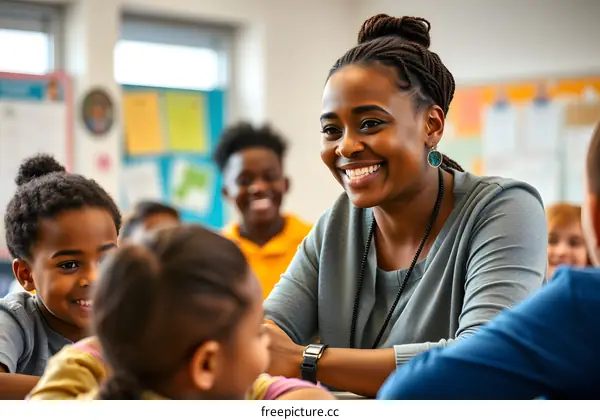 Happy African American Teacher in Classroom with Students