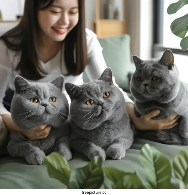 A woman is sitting on a couch with three British Shorthair cats.