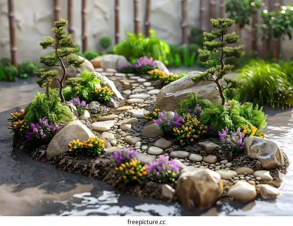 Pebble path through a tranquil Japanese garden