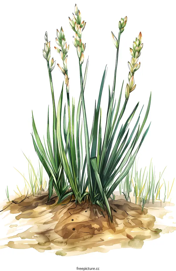 Watercolor Illustration of Green Grass with White Flowers