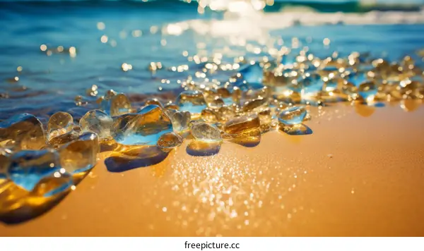 Ice-like Crystal Clear Glass Rocks On Beach By Water