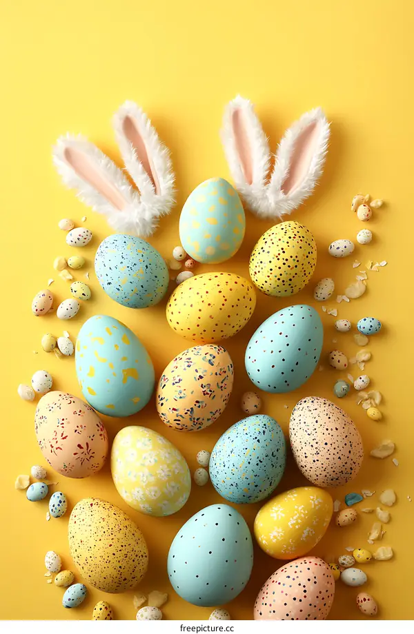 Colorful Easter Eggs and Bunny Ears on Yellow Background