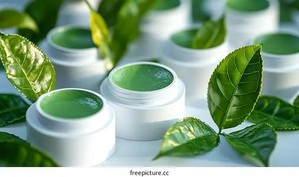 Natural Green Tea Lip Balm Jars on Leaves