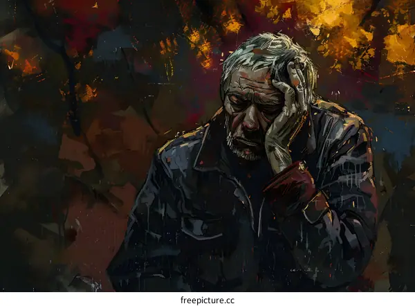 An old man sits on a bench in a park, his hands on his face. He is wearing a black leather jacket and a red scarf. The background is a blur of autumn leaves.