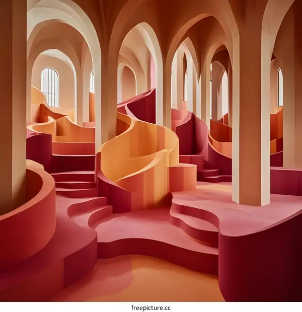 Abstract Interior Design with Curved Walls and a Pink and Orange Color Scheme