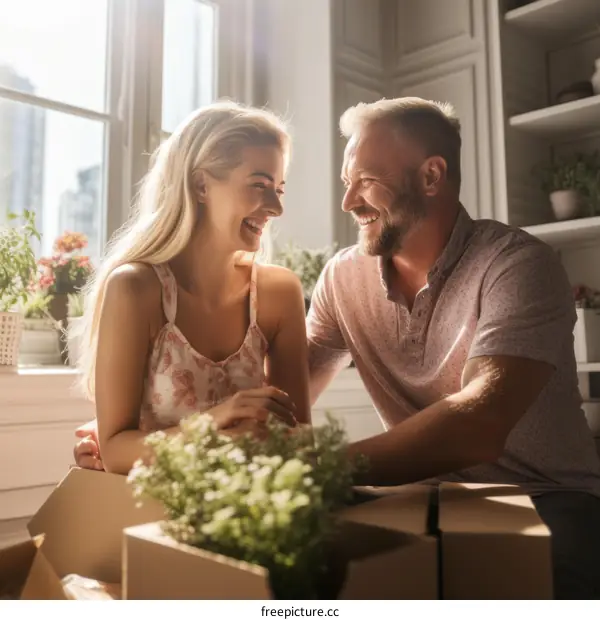 Happy couple unpacking boxes in new home