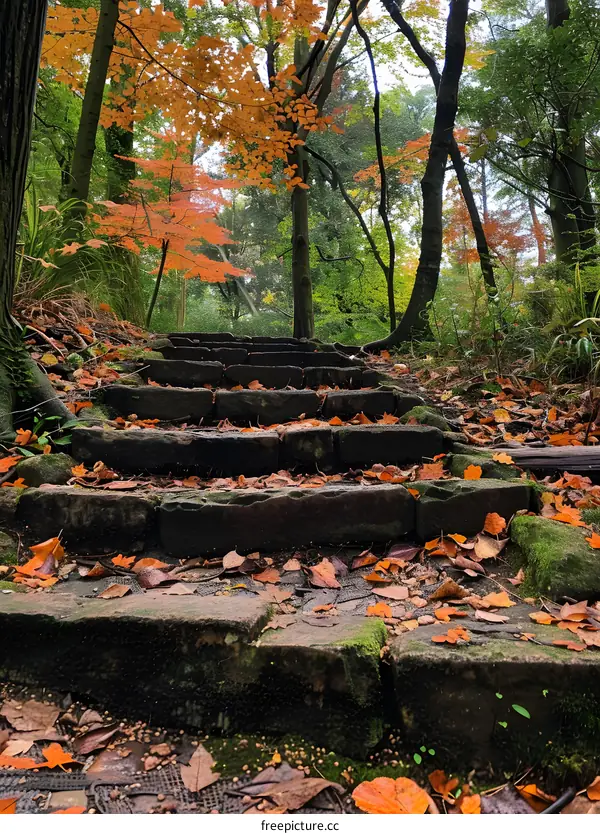 Stone steps in a forest with fallen leaves