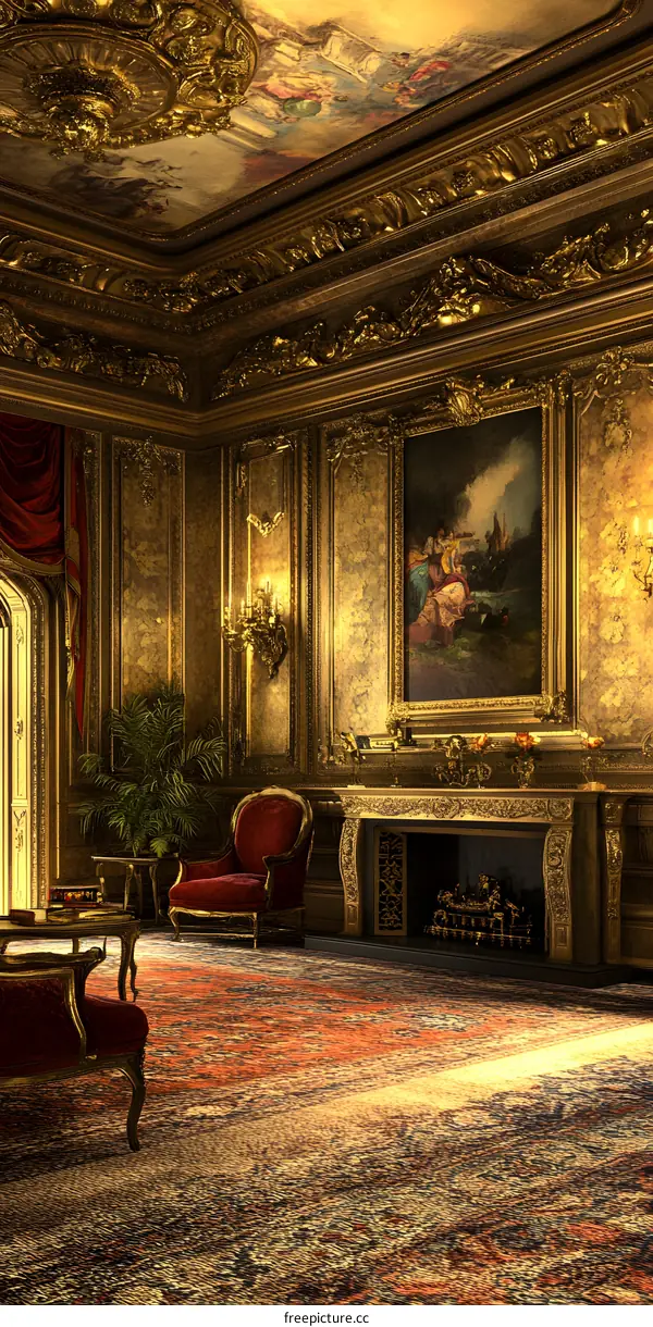 Golden Interior Design with a Fireplace and a Painting