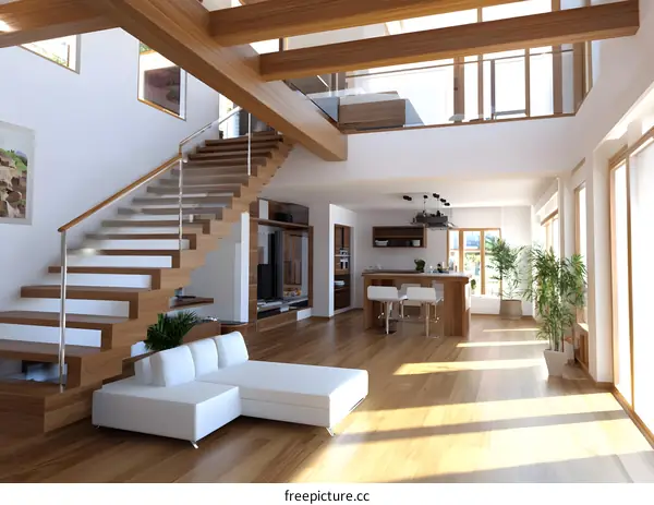 Modern Open Plan Kitchen and Living Room Interior Design with Wooden Beams and a White Couch