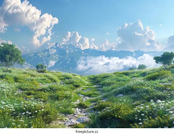 mountain field flowers blue sky white clouds