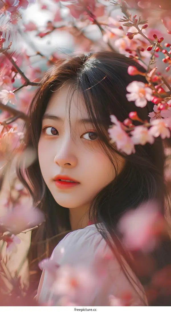 Woman with Long Hair Posing in Cherry Blossom Trees
